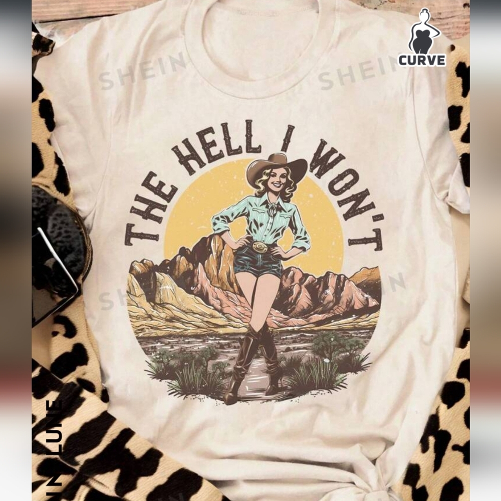 SHEIN Plus Size Vintage Western Landscape & Girl Print Casual Short Sleeve